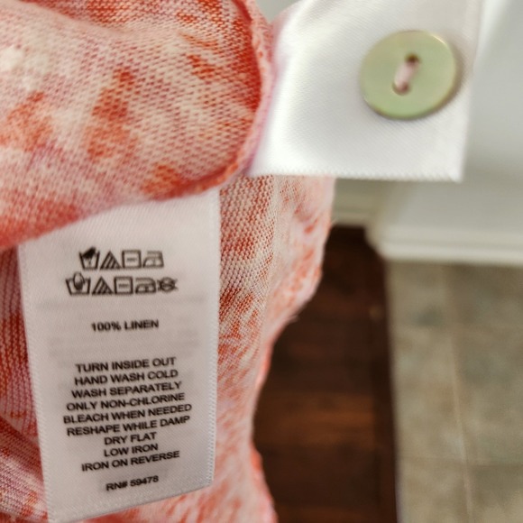 Sigrid Olsen 100 Linen Pink &‎ Orange Marine Life Short Sleeve Button Back Top L - Picture 6 of 8